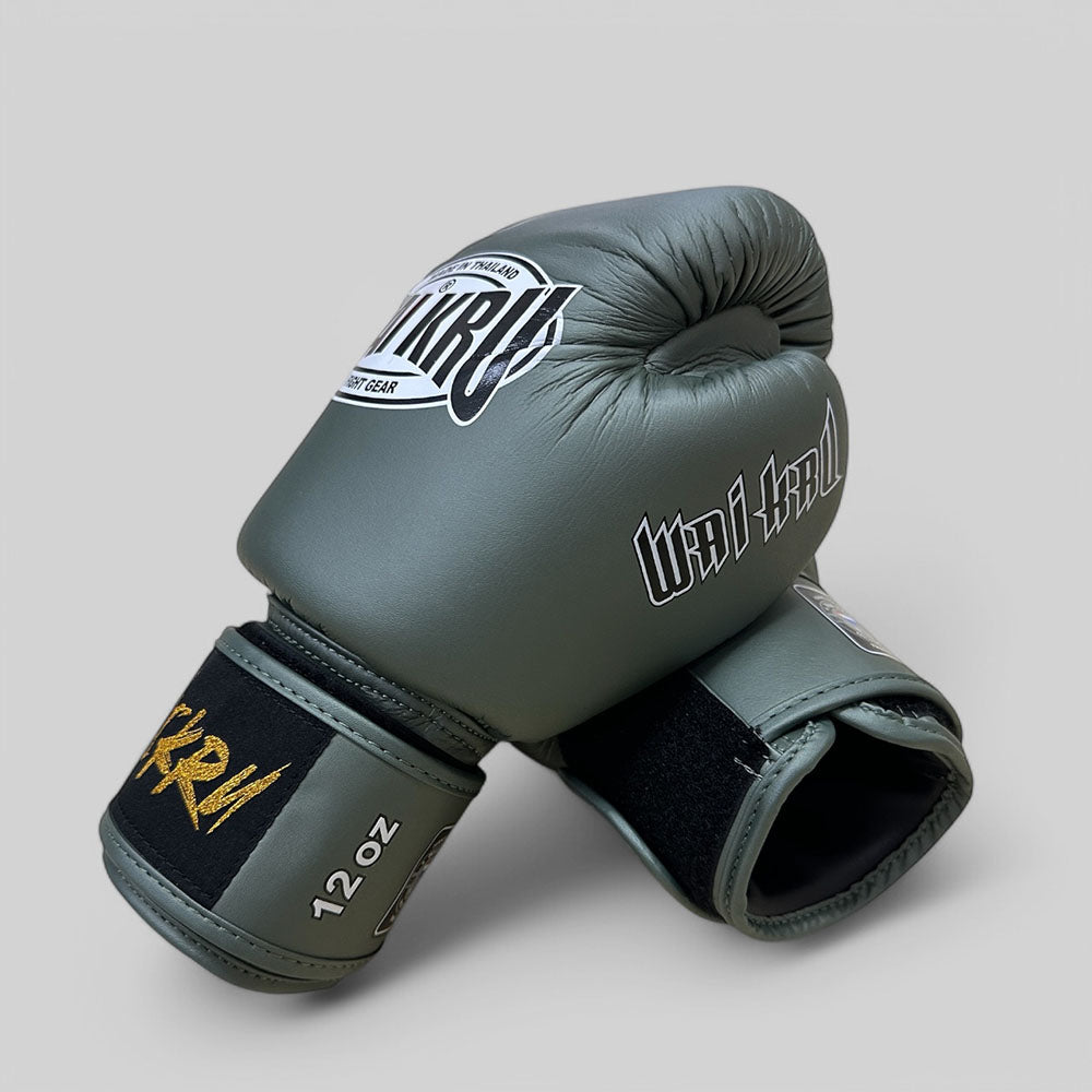 Wai Kru Muay Thai Gloves MicroFiber Green Military BGM-3