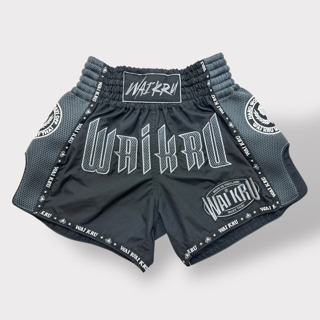 Muay Thai Shorts – MicroFiber Black – Mesh Grey – MT-15