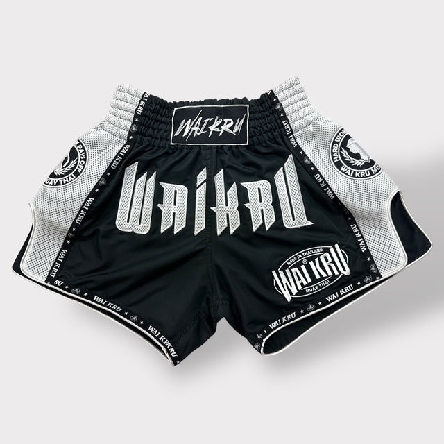 Muay Thai Shorts – MicroFiber Black – Mesh White – MT-17