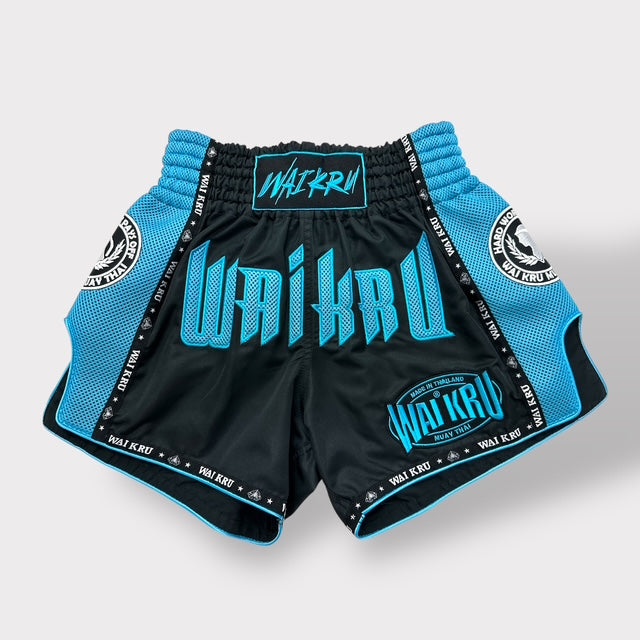 Muay Thai Shorts – MicroFiber Black – Mesh Blue Light – MT-18