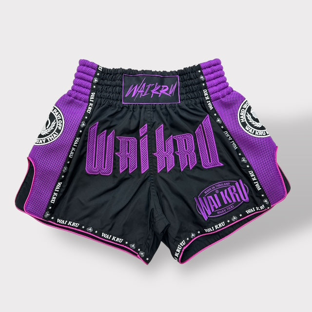 Muay Thai Shorts – MicroFiber Black – Mesh Purple – MT-19