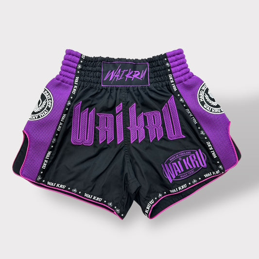 Muay Thai Shorts – MicroFiber Black – Mesh Purple – MT-19