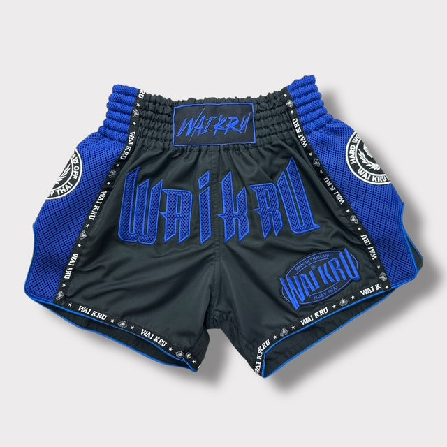 Muay Thai Shorts – MicroFiber Black – Mesh Blue – MT-21