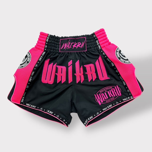 Muay Thai Shorts – MicroFiber Black – Mesh Pink – MT-22