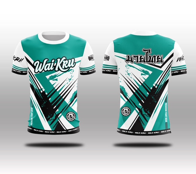 Wai Kru Muay Thai T-Shirts White-Turquoise THS-24