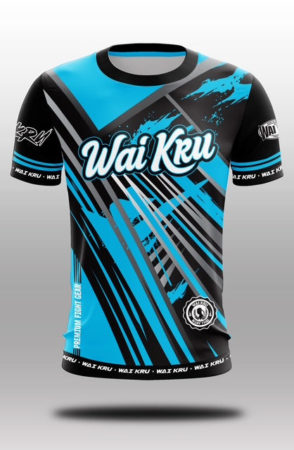 Wai Kru Muay Thai T-Shirts Black-Light Blue THS-29