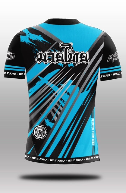 Wai Kru Muay Thai T-Shirts Black-Light Blue THS-29