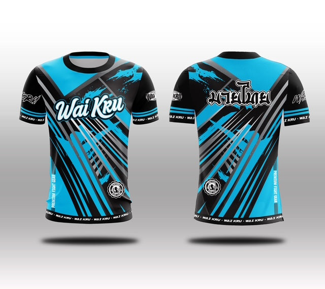 Wai Kru Muay Thai T-Shirts Black-Light Blue THS-29