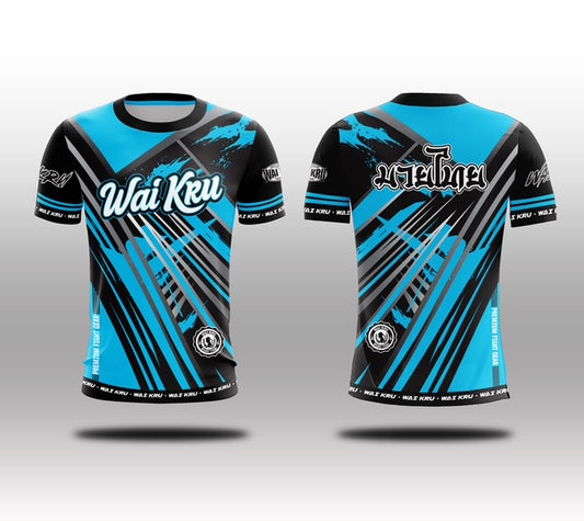 Wai Kru Muay Thai T-Shirts Black-Light Blue THS-29