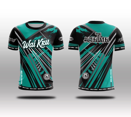 Wai Kru Muay Thai T-Shirts Black-Turquoise THS-33